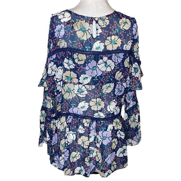 Mary & Mabel Floral Tunic Blouse Womens S Oversized Boho Chic Flowy Sheer Ruffle - Picture 5 of 10